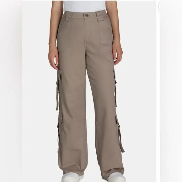 Women's Tan Khaki Cargo Pants Twill Wide Leg Size Large 12-14 NWT - Picture 4 of 7